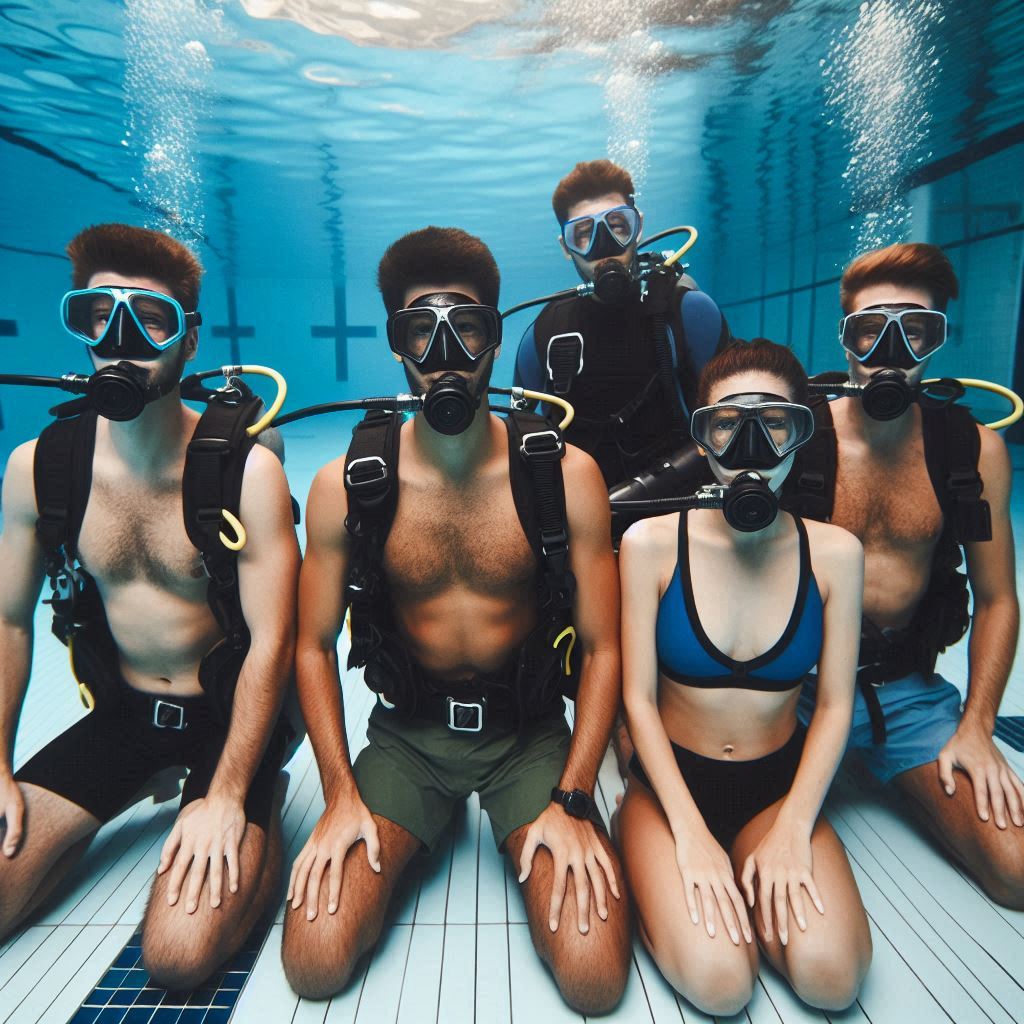 Imagine generată AI cu cursanți în genunchi pe fundul unei piscine